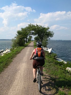 Biking across the Island Line Causeway in Vermont.