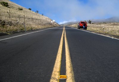 The road to Mauna Kea was a steady climb into the thin atmosphere and along the way we had to stop many times to take pictures of the scenery that changed with the altitude. Here is DD and the Big Bad Boy Dodge Nitro and of course a close-up of one of the intriguing reflectors on the road that somehow interested us! DAMI took this pic.
